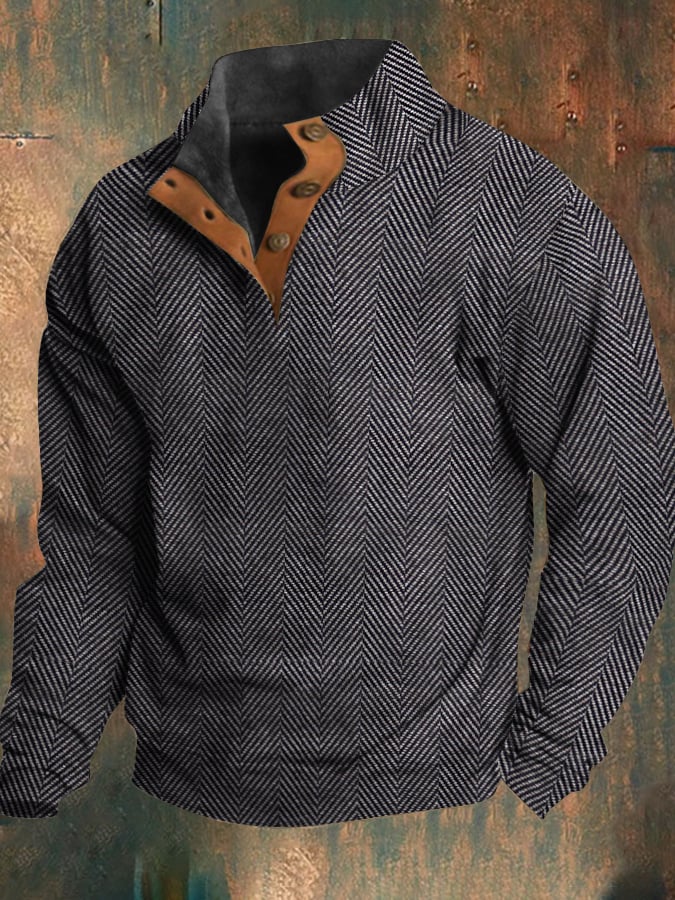 Men's Western Vintage Herringbone Print Design Stand Collar Button-Down Sweatshirt