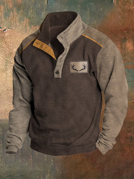 Men's Fleece Vintage Western Antler Hunting Enthusiast Stand Collar Sweatshirt