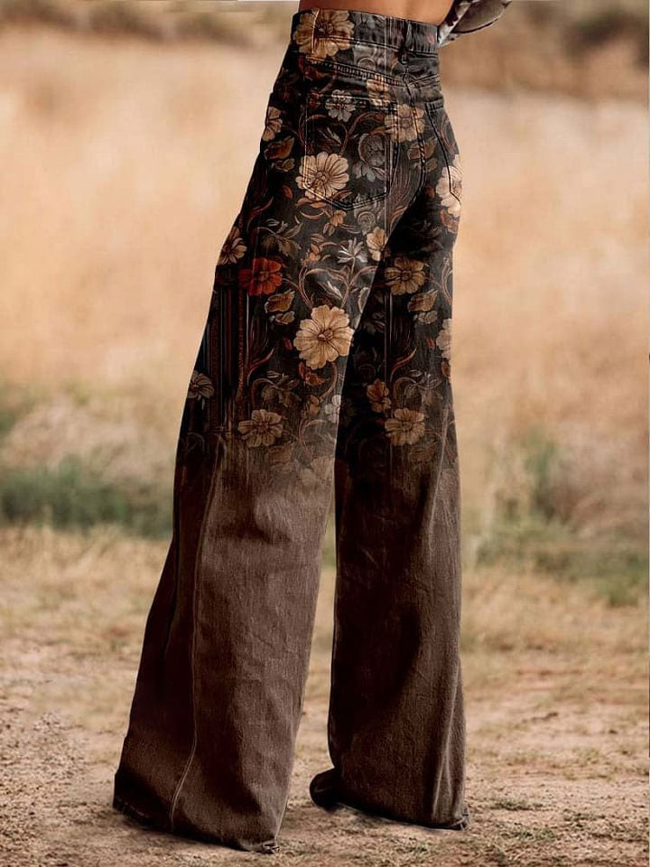 Women's Brown Flower Print Casual Wide Leg Pants