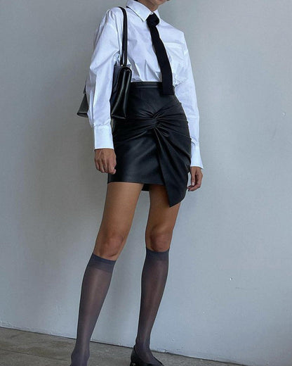 Pleated Hip-Hugging Leather Skirt