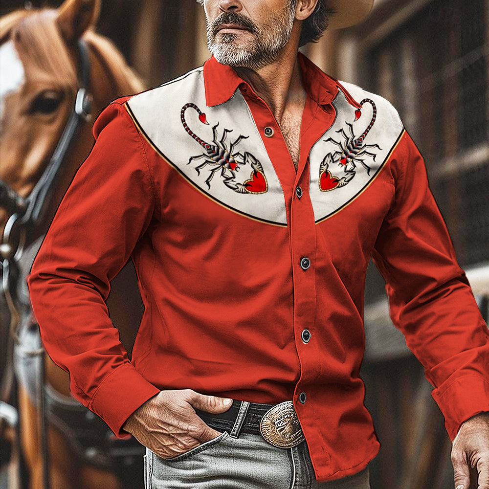 Men's Western Cowboy Scorpion Print Long Sleeve Shirt