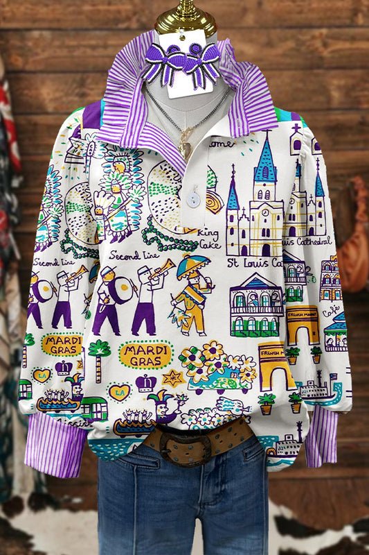 Unique Mardi Gras Print Puff Sleeve Blouse