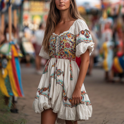 Ladies Vintage Western Cologne Carnival Ethnic Style Print Cotton And Linen Patchwork Lace Boho Dress