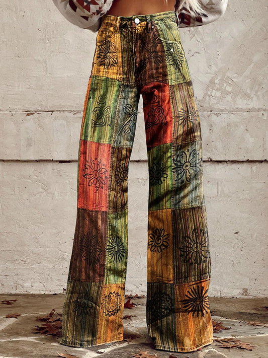 Women's Vintage Hippie Style Multi Color Music Print Casual Wide Leg Pants