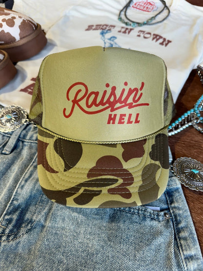 Raisin' Hell Green Camo Trucker Hat