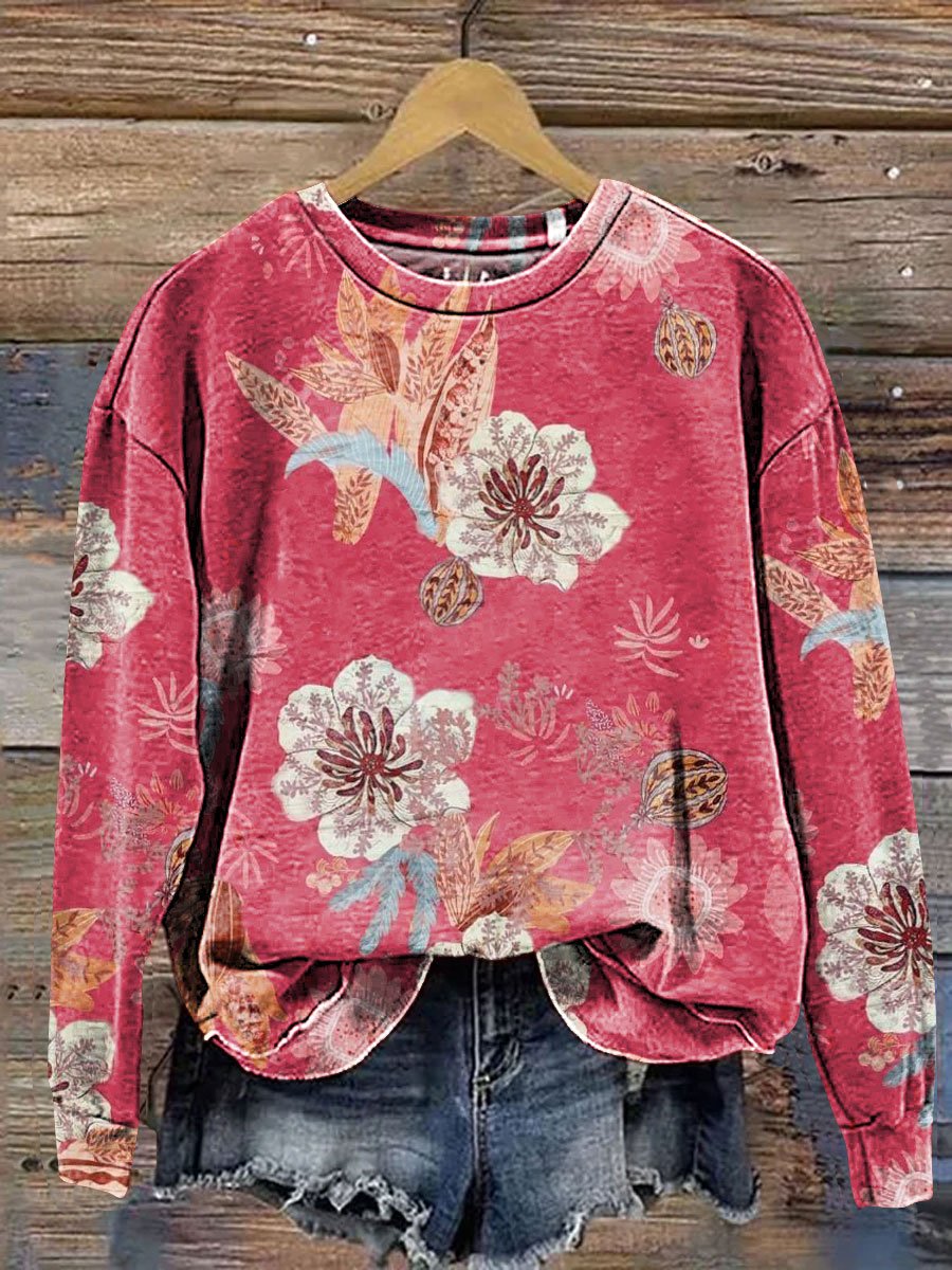 Vintage Floral Art Print Casual Sweatshirt