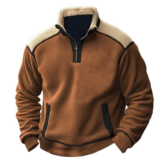 Men's Vintage Fleece Color Block Stand Collar Quarter Zip Sweatshirt