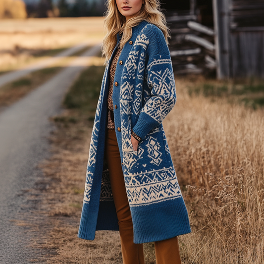 Women's Vintage Western Aztec Print Patterns Blue Long Sleeved Woolen Coat Jacket