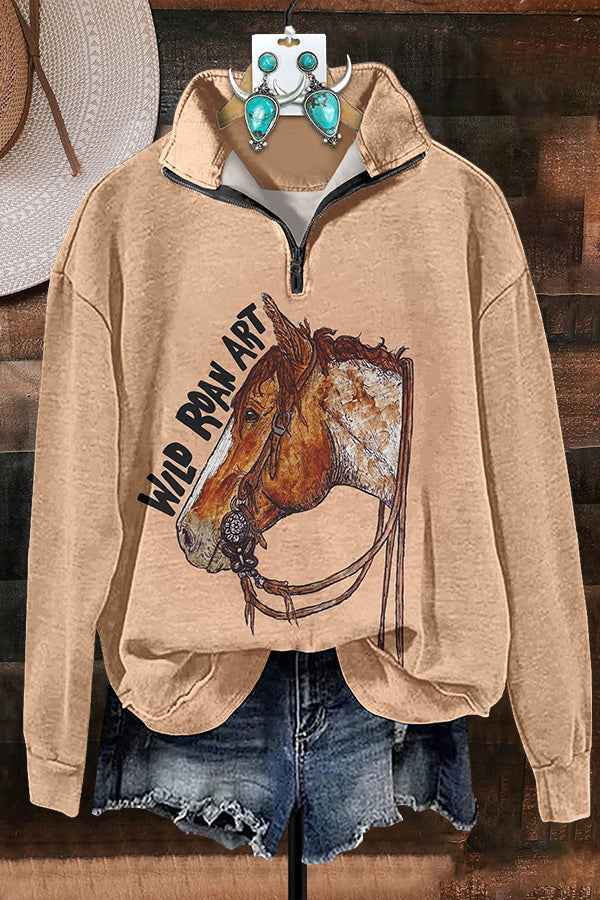 Western Horse Print Zipper Sweatshirt