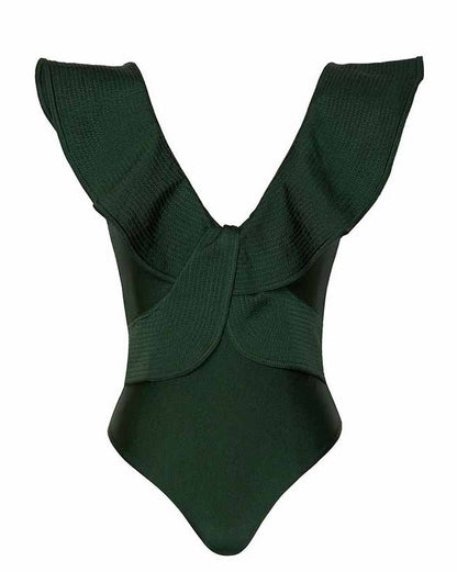 V-Neck Solid Ruffle One-Piece Swimsuit