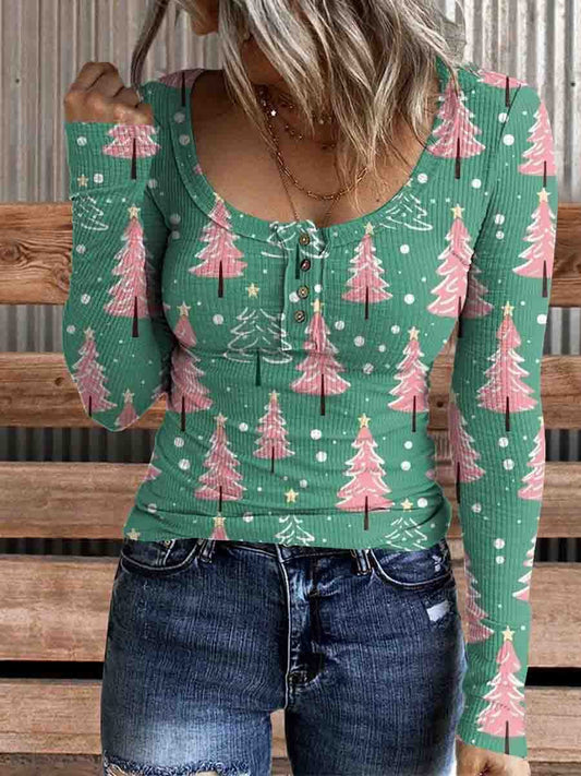 Women's Christmas Tree Print Comfortable Cotton Henley Shirt