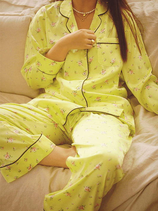 Fluorescent Green Floral Long Sleeve Pajama Set