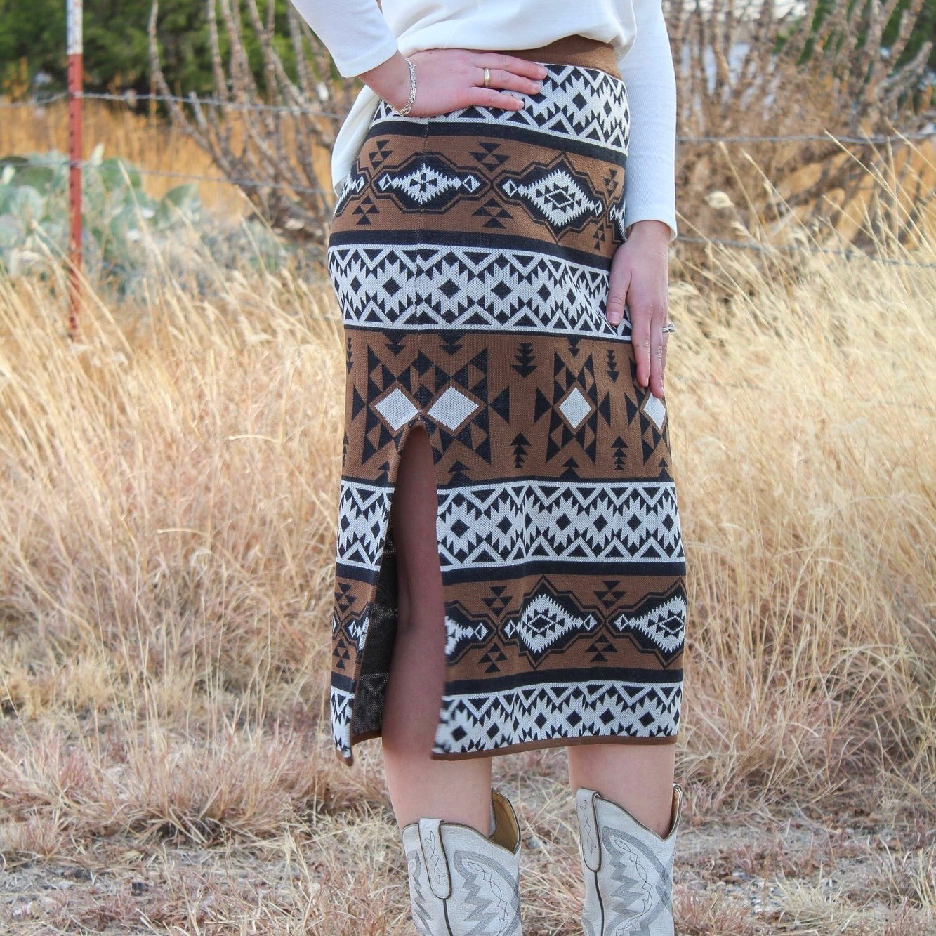 Black Aztec Print Fitted Skirt