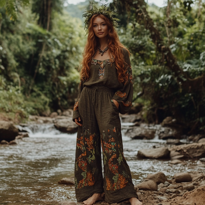 Bohemian Holiday Style Vintage Embroidered Floral Totem Print Casual Top