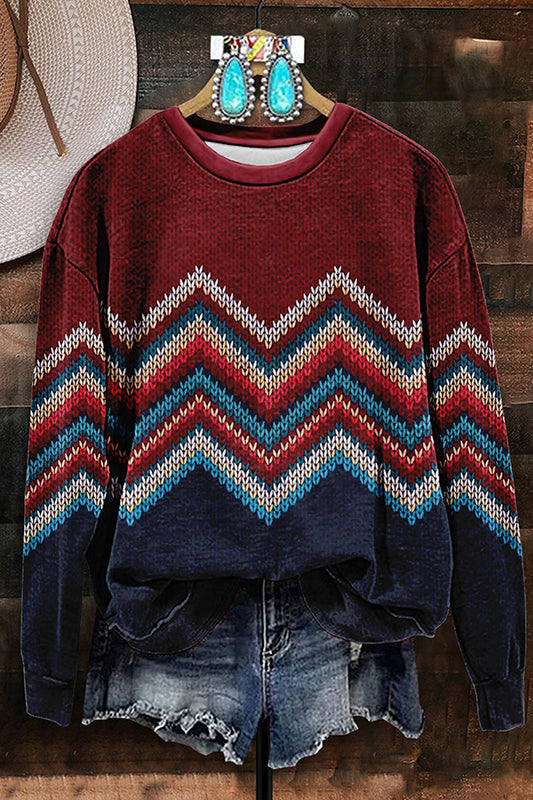 Retro Western Aztec Stripe Print Sweatshirt