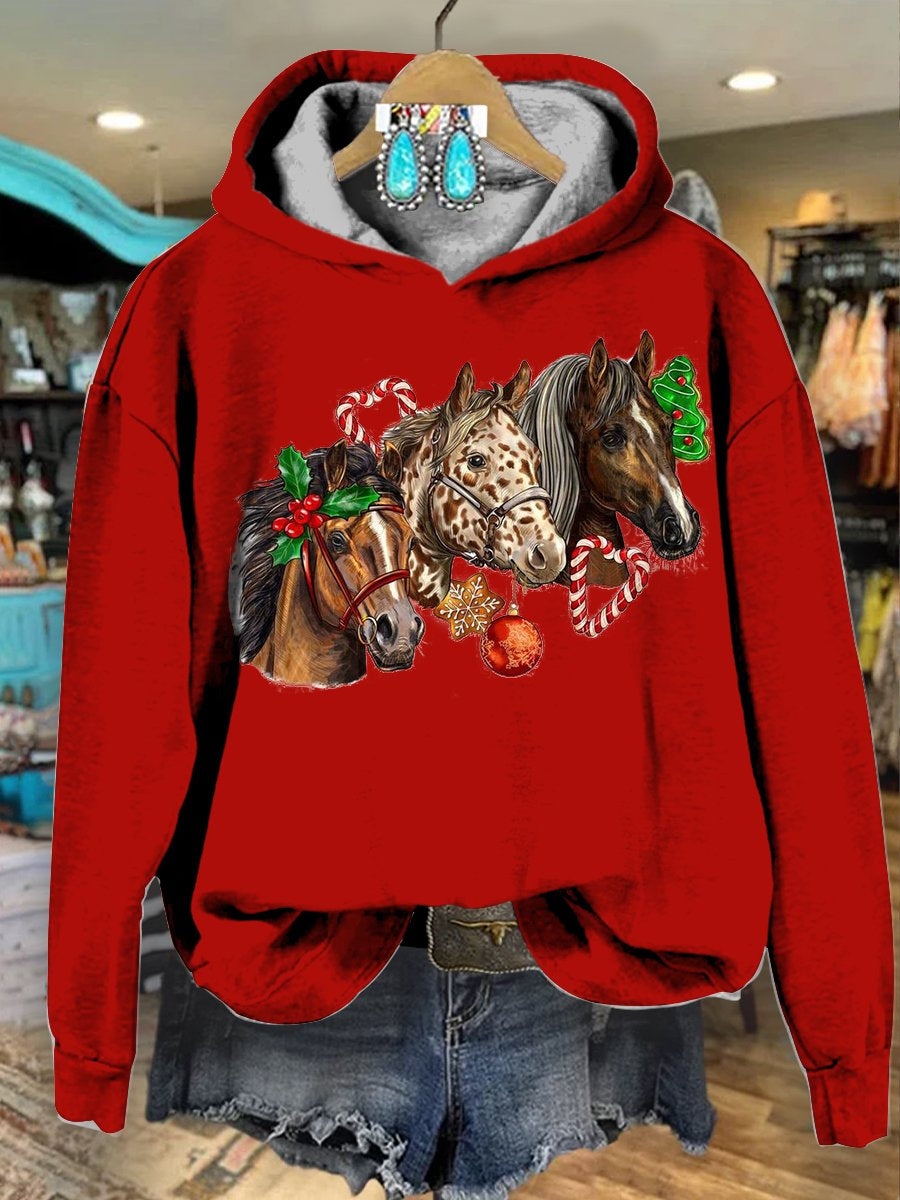 Women's Red Vintage Christmas Horse Print Casual Sweatshirt