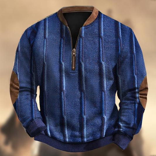 Men's Vintage Western Color Block Knitted Print Zipper Stand Collar Casual Sweatshirt