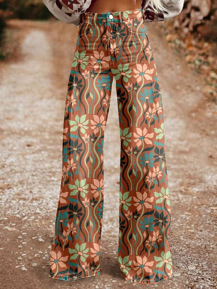 Women's Bohemia Flower Print Casual Wide Leg Pants