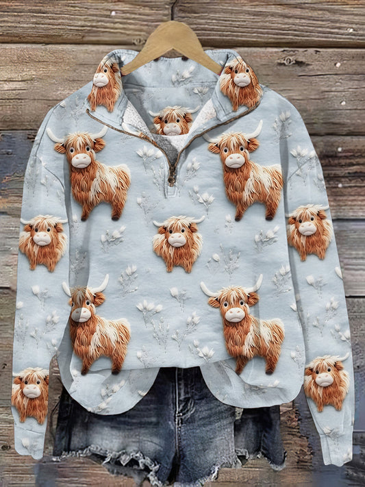 Highland Cow Print Zippered Long Sleeved Sweatshirt