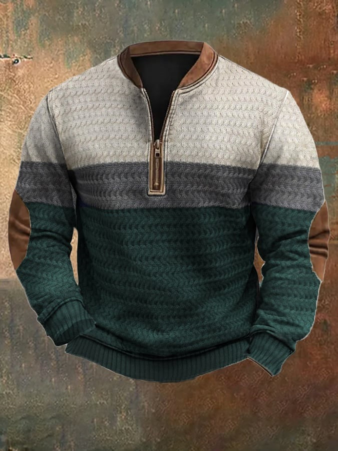 Men's Vintage Western Knitted Print Zipper Stand Collar Casual Sweatshirt