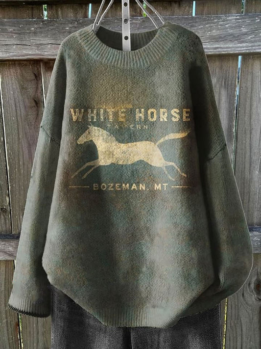 White Horse Tavern Art Print Knit Pullover Sweater