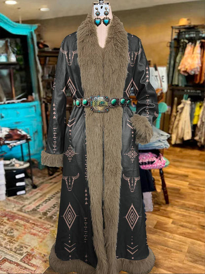 Women's Vintage  Printed Fur Patchwork Suede Long Afghan Coat