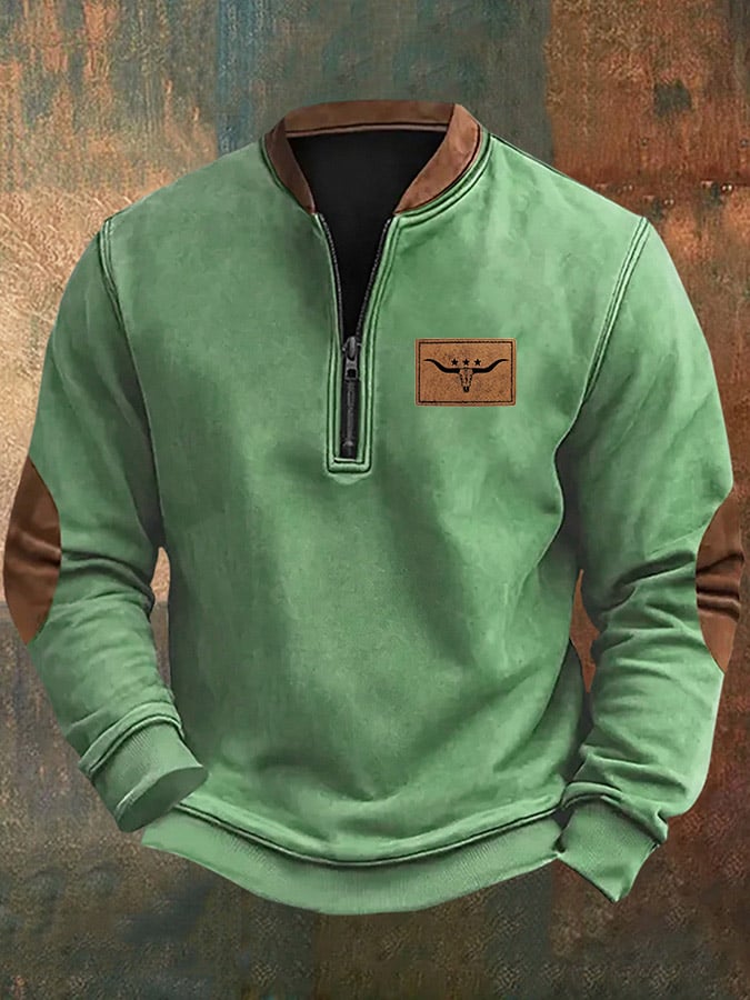 Men's Vintage Western Elk Print Zip-Up Sweatshirt