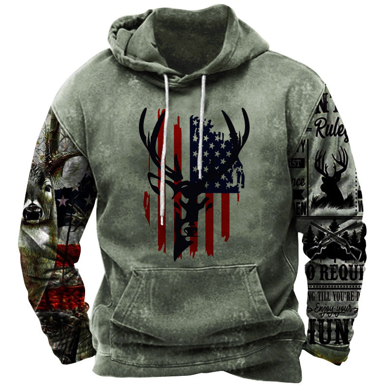 Vintage Men's Outdoor American Deer Print Hoodie