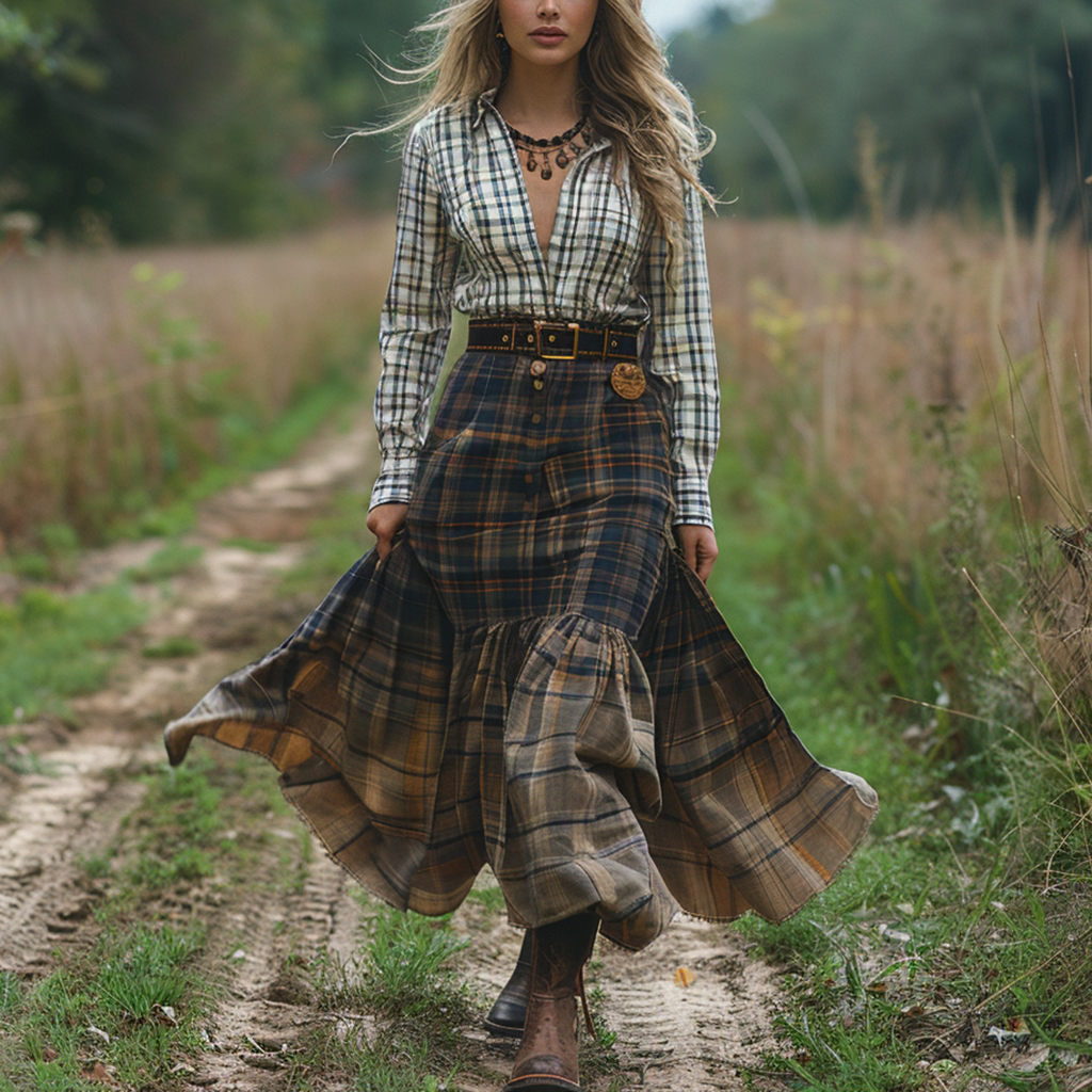 Retro V-neck Plaid Women's Long-sleeved Long Skirt Country Pastoral Retro Dress