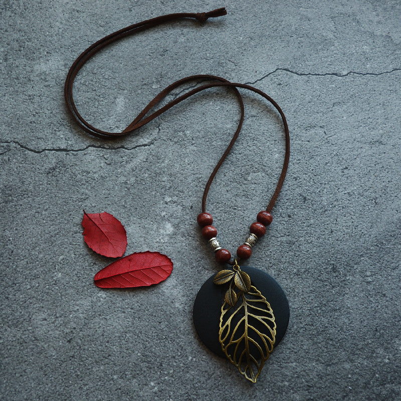 Female Ethnic Wooden Leaf Necklace