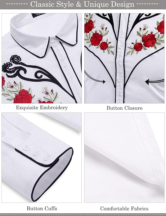 Men's Long Sleeve Cowboy Rose Embroidered Shirt - White