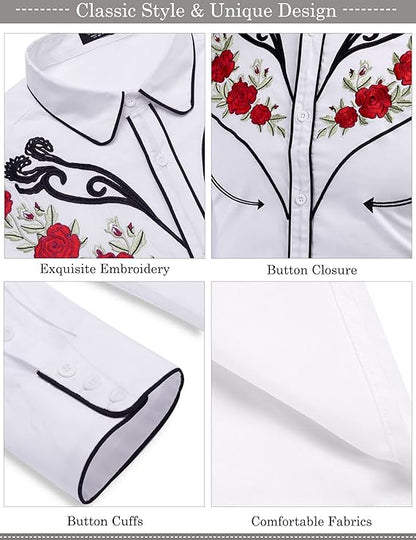 Men's Long Sleeve Cowboy Rose Embroidered Shirt - White