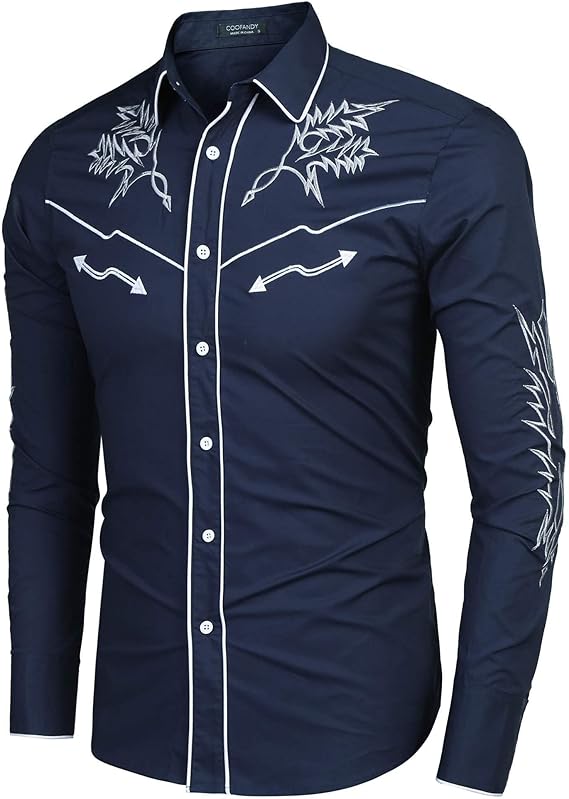 Men's Western Cowboy Shirt Long Sleeve Embroidered Shirt-Black