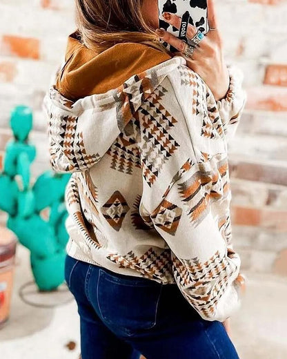 Aledo Ethnic Print Loose Hooded Sweatshirt