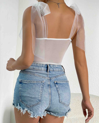 Flower Lace Mesh Strappy Fishbone See-Through Top