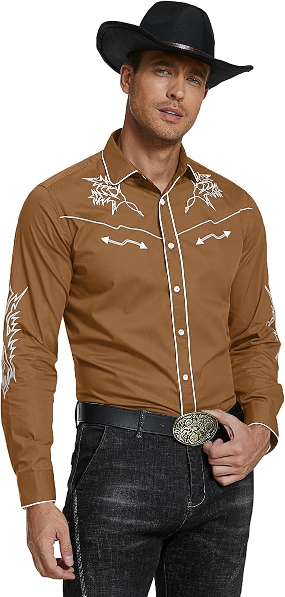 Men's Western Cowboy Shirt Long Sleeve Embroidered Shirt-White