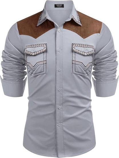 Men's Western Long Sleeve Cowboy Shirt-Grey