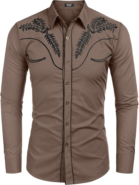 Men's Western Shirts Long Sleeve Slim Fit Embroideres Shirt-Khaki