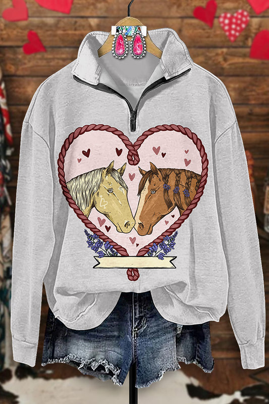 Retro Western Valentine's Day Print Zip-Up Sweatshirt