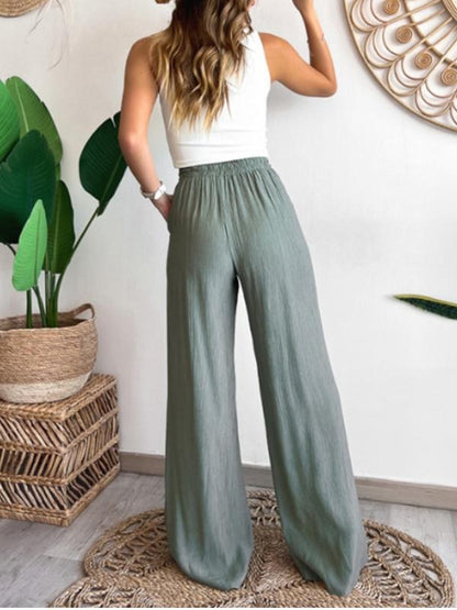 Women's Casual Stretch Drawstring Solid Color Wide Leg Pants