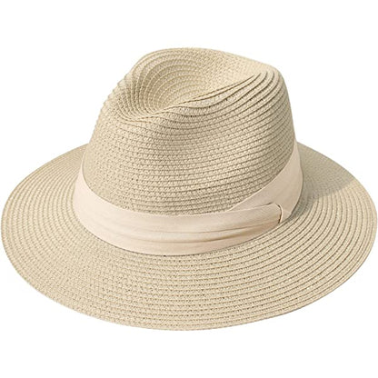 Wide Brim Straw Panama Roll up Hat Belt Buckle Fedora Beach Sun Hat