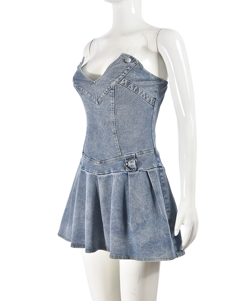 Stretch Denim Chest Wrap Sexy Pleated V-Neck Denim Dress