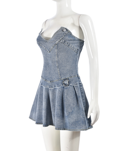 Stretch Denim Chest Wrap Sexy Pleated V-Neck Denim Dress