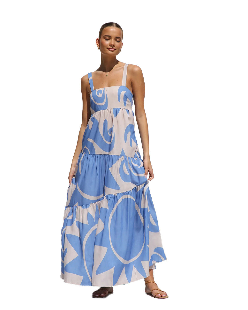 Simple Printed Suspender Maxi Dress with Large Skirt