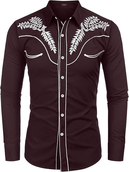 Men's Long Sleeve Slim Fit Embroideres Western Shirts