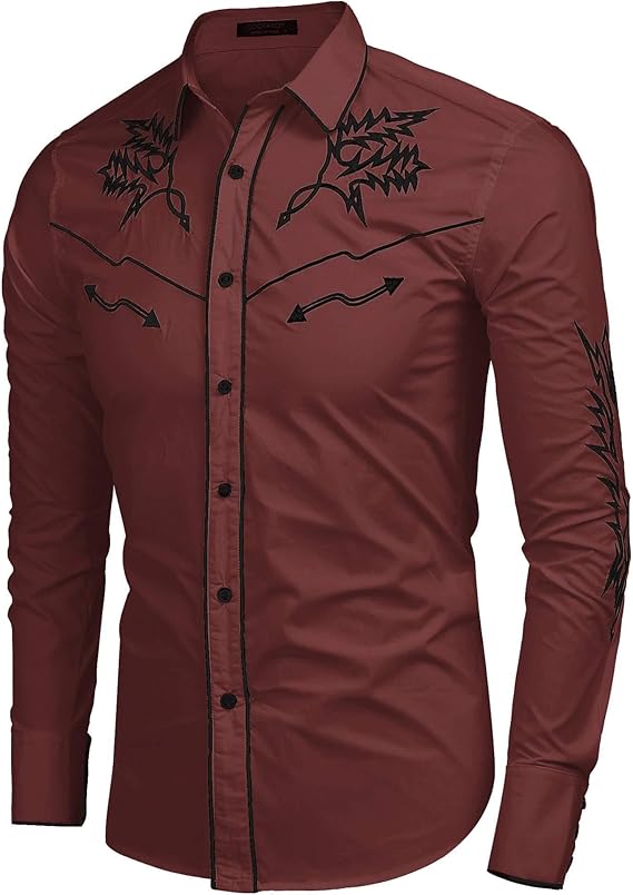 Men's Western Cowboy Shirt Long Sleeve Embroidered Shirt-White