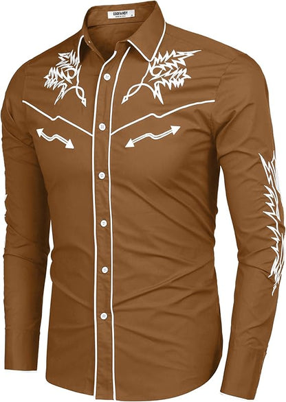 Men's Western Cowboy Shirt Long Sleeve Embroidered Shirt-White