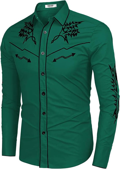 Men's Western Cowboy Shirt Long Sleeve Embroidered Shirt-White