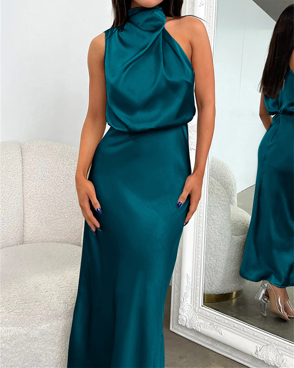 High-end Satin Sleeveless Dress Fashion Elegant Lady Light Evening Dress