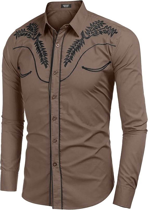 Men's Western Shirts Long Sleeve Slim Fit Embroideres Shirt-Khaki